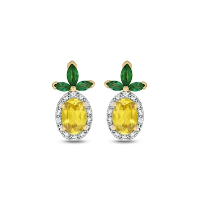 Lab-Created Sapphire, Lab-Created Emerald and Diamond Accent Pineapple Studs in Sterling Silver with 14K Gold Plate