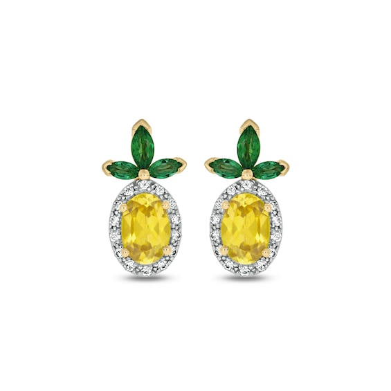 Lab-Created Sapphire, Lab-Created Emerald and Diamond Accent Pineapple Studs in Sterling Silver with 14K Gold Plate