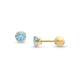 Child's 4.0mm Light Blue Cubic Zirconia Solitaire Stud Earrings in 14K Gold