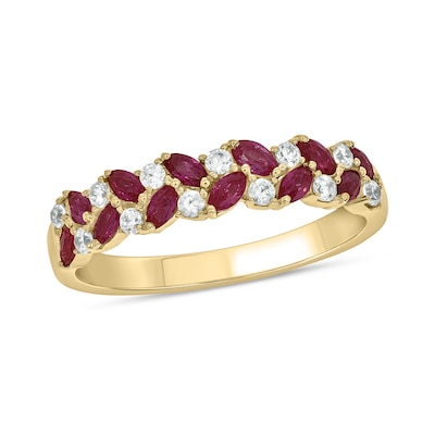 Marquise-Cut Lab-Created Ruby and 0.19 CT. T.W. Diamond Flower Petal Band in Sterling Silver with 14K Gold Plate