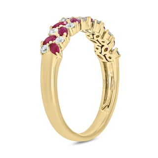 Marquise-Cut Lab-Created Ruby and 0.19 CT. T.W. Diamond Flower Petal Band in Sterling Silver with 14K Gold Plate