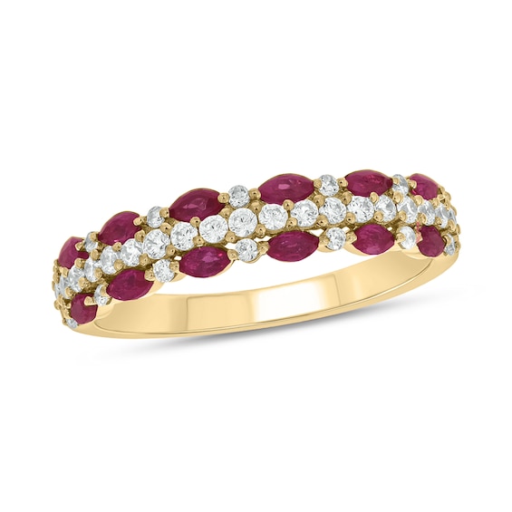 Marquise-Cut Lab-Created Ruby and 0.31 CT. T.W. Diamond Triple Row Band in Sterling Silver with 14K Gold Plate