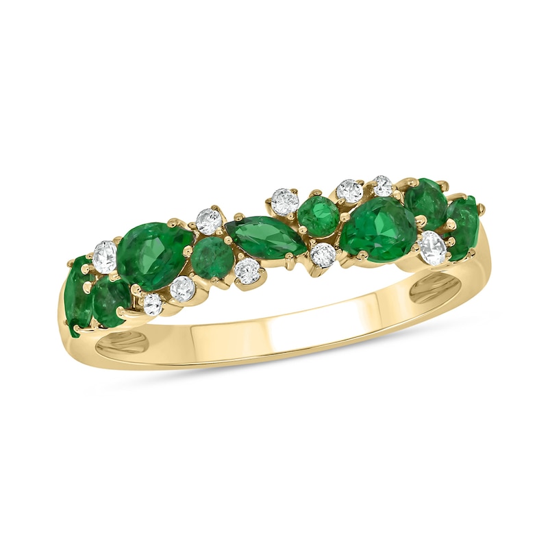 Multi-Shaped Lab-Created Emerald and 0.088 CT. T.W. Diamond Band in Sterling Silver with 14K Gold Plate|Peoples Jewellers