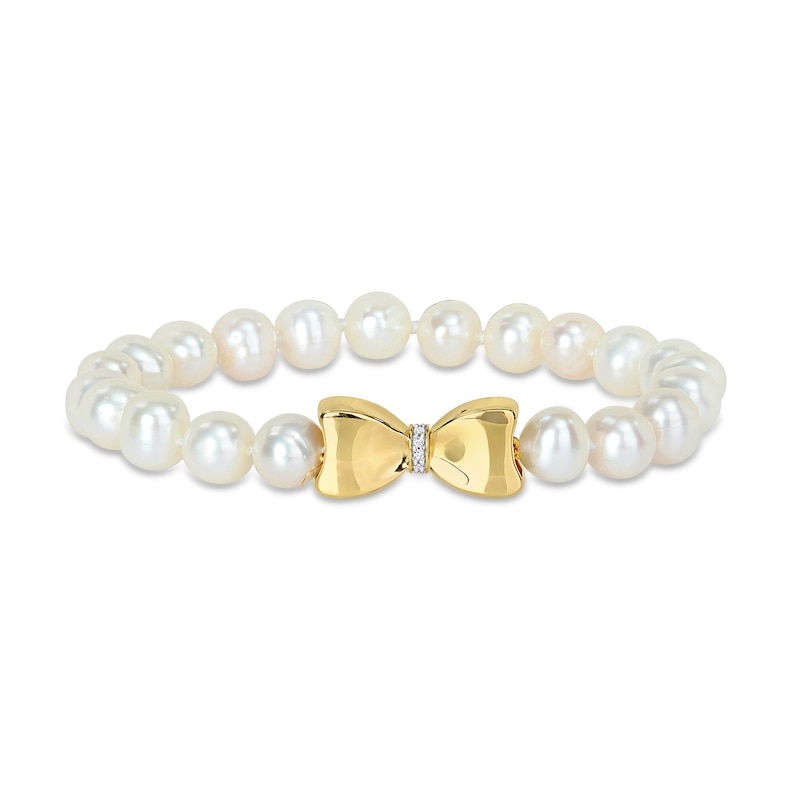 Eternally Bonded 7.0-7.5mm Freshwater Cultured Pearl Strand and 0.05 CT. T.W. Diamond Bow Stretch Bracelet with 10K Gold|Peoples Jewellers