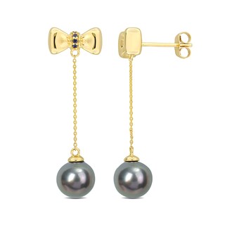 Eternally Bonded 8.5-9.0mm Black Tahitian Cultured Pearl and Blue Sapphire Bow Stud Chain Drop Earrings in 10K Gold