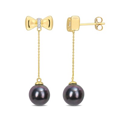 Eternally Bonded 8.5-9.0mm Black Tahitian Cultured Pearl and Diamond Accent Bow Stud Chain Drop Earrings in 10K Gold