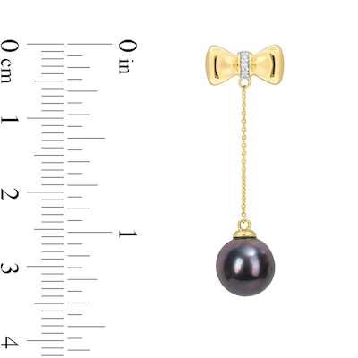 Eternally Bonded 8.5-9.0mm Black Tahitian Cultured Pearl and Diamond Accent Bow Stud Chain Drop Earrings in 10K Gold