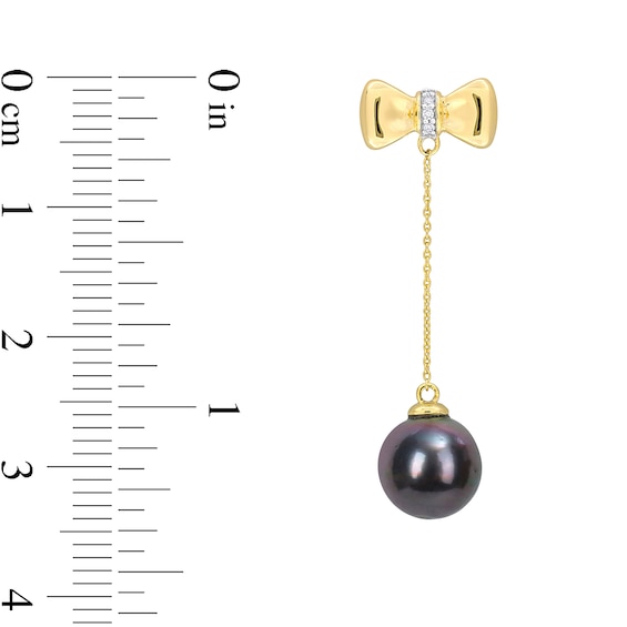 Eternally Bonded 8.5-9.0mm Black Tahitian Cultured Pearl and Diamond Accent Bow Stud Chain Drop Earrings in 10K Gold