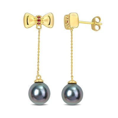 Eternally Bonded 8.5-9.0mm Black Tahitian Cultured Pearl and Ruby Bow Stud Chain Drop Earrings in 10K Gold