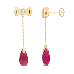 Eternally Bonded Faceted Pear-Shaped Lab-Created Ruby and Diamond Accent Bow Stud Chain Drop Earrings in 10K Gold