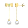 Eternally Bonded 7.0-7.5mm Freshwater Cultured Pearl and Emerald Bow Stud Chain Drop Earrings in 10K Gold