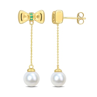 Eternally Bonded 7.0-7.5mm Freshwater Cultured Pearl and Emerald Bow Stud Chain Drop Earrings in 10K Gold