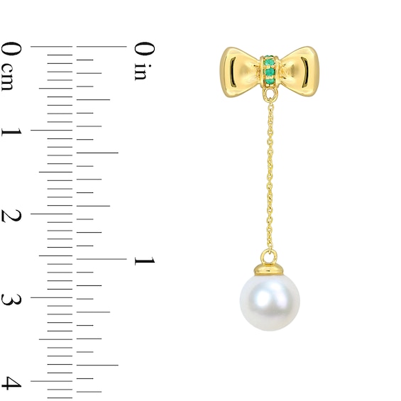 Eternally Bonded 7.0-7.5mm Freshwater Cultured Pearl and Emerald Bow Stud Chain Drop Earrings in 10K Gold