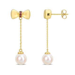 Eternally Bonded 7.0-7.5mm Freshwater Cultured Pearl and Ruby Bow Stud Chain Drop Earrings in 10K Gold