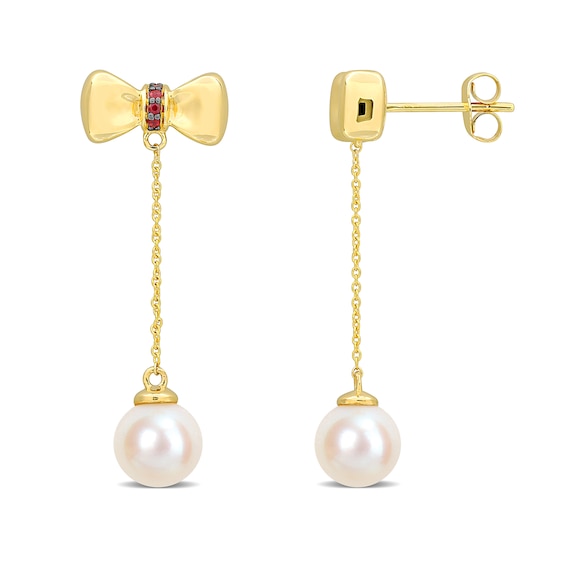 Eternally Bonded 7.0-7.5mm Freshwater Cultured Pearl and Ruby Bow Stud Chain Drop Earrings in 10K Gold