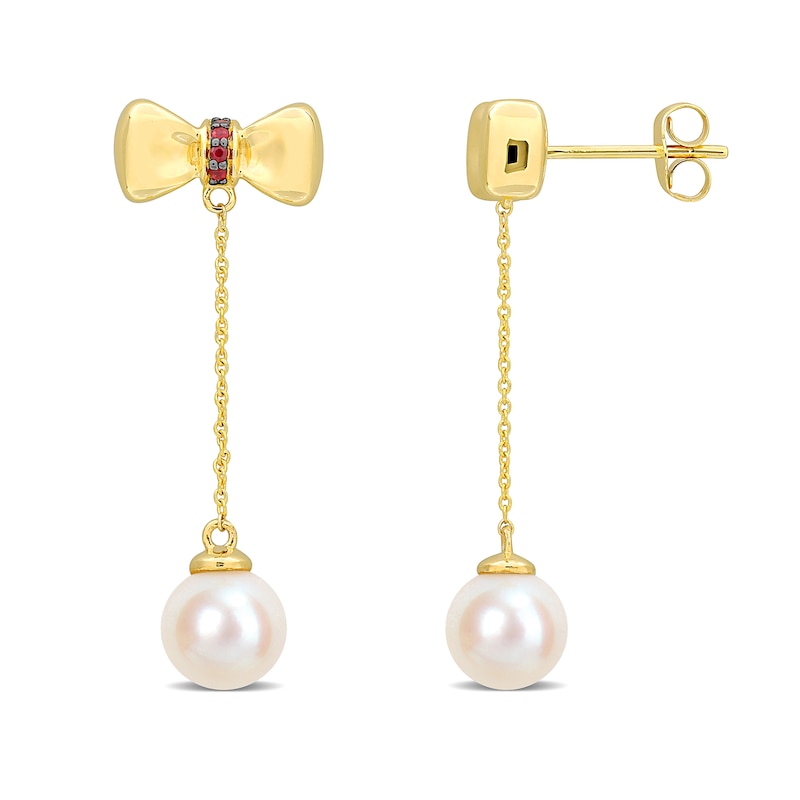 Eternally Bonded 7.0-7.5mm Freshwater Cultured Pearl and Ruby Bow Stud Chain Drop Earrings in 10K Gold|Peoples Jewellers