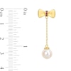 Thumbnail Image 2 of Eternally Bonded 7.0-7.5mm Freshwater Cultured Pearl and Ruby Bow Stud Chain Drop Earrings in 10K Gold