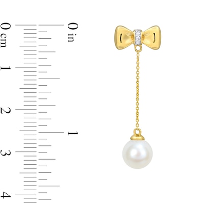 Eternally Bonded 7.0-7.5mm Freshwater Cultured Pearl and Diamond Accent Bow Stud Chain Drop Earrings in 10K Gold