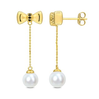 Eternally Bonded 7.0-7.5mm Freshwater Cultured Pearl and Blue Sapphire Bow Stud Chain Drop Earrings in 10K Gold