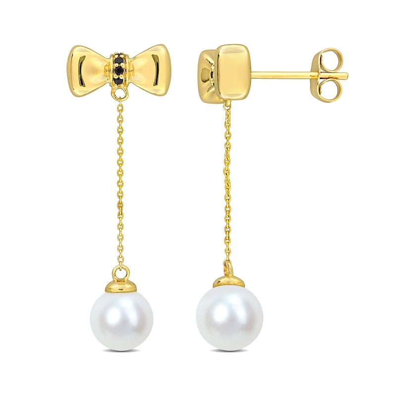 Eternally Bonded 7.0-7.5mm Freshwater Cultured Pearl and Blue Sapphire Bow Stud Chain Drop Earrings in 10K Gold|Peoples Jewellers