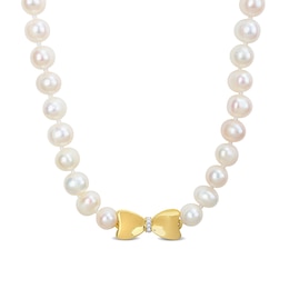 Eternally Bonded 7.0-7.5mm Freshwater Cultured Pearl Strand and 0.05 CT. T.W. Diamond Bow Stretch Necklace with 10K Gold-17&quot;