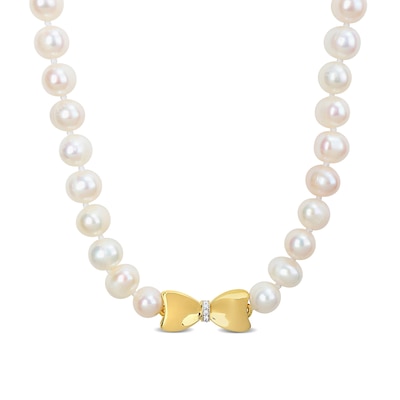 Eternally Bonded 7.0-7.5mm Freshwater Cultured Pearl Strand and 0.05 CT. T.W. Diamond Bow Stretch Necklace with 10K Gold-17"