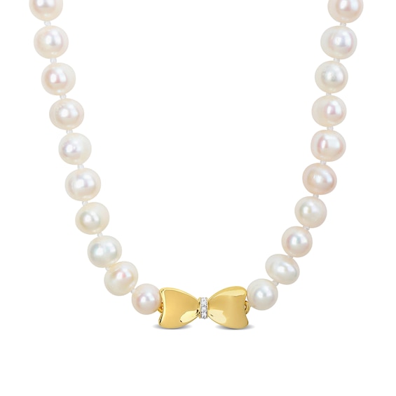 Eternally Bonded 7.0-7.5mm Freshwater Cultured Pearl Strand and 0.05 CT. T.W. Diamond Bow Stretch Necklace with 10K Gold-17"