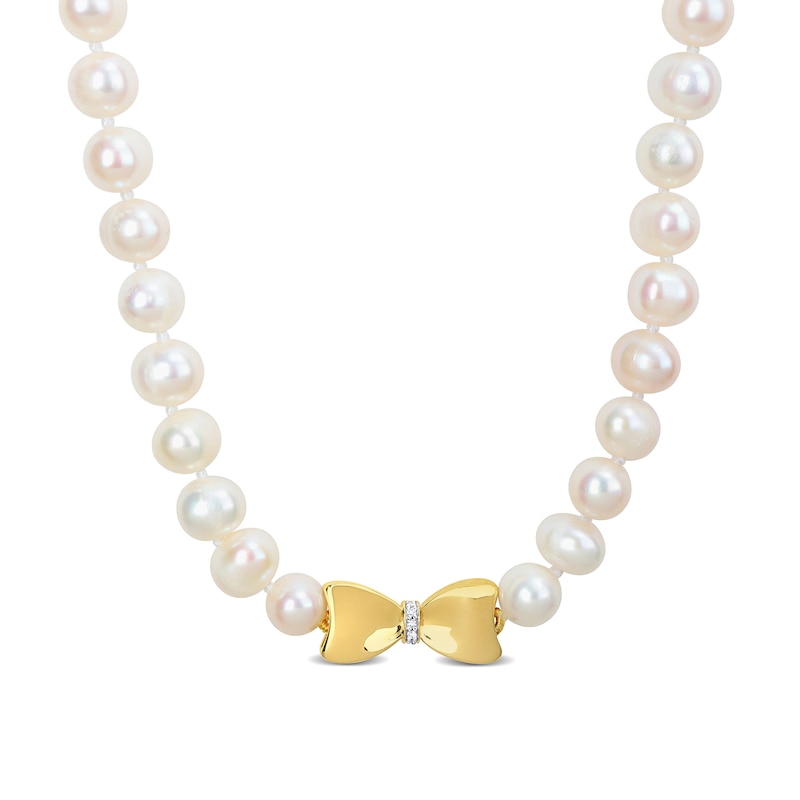 Eternally Bonded 7.0-7.5mm Freshwater Cultured Pearl Strand and 0.05 CT. T.W. Diamond Bow Stretch Necklace with 10K Gold-17"|Peoples Jewellers