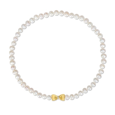 Eternally Bonded 7.0-7.5mm Freshwater Cultured Pearl Strand and 0.05 CT. T.W. Diamond Bow Stretch Necklace with 10K Gold-17"