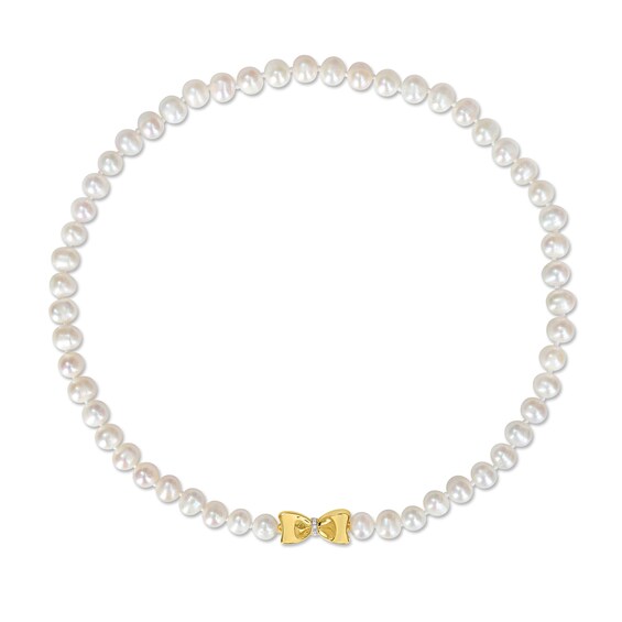 Eternally Bonded 7.0-7.5mm Freshwater Cultured Pearl Strand and 0.05 CT. T.W. Diamond Bow Stretch Necklace with 10K Gold-17"