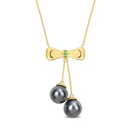 Eternally Bonded 8.5-9.0mm Black Tahitian Cultured Pearl and Emerald Bow Necklace in 10K Gold