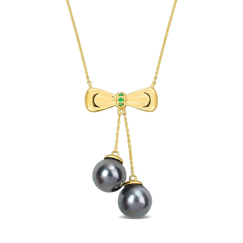 Eternally Bonded 8.5-9.0mm Black Tahitian Cultured Pearl and Emerald Bow Necklace in 10K Gold|Peoples Jewellers