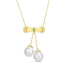 Eternally Bonded 8.5-9.0mm Freshwater Cultured Pearl and Emerald Bow Necklace in 10K Gold