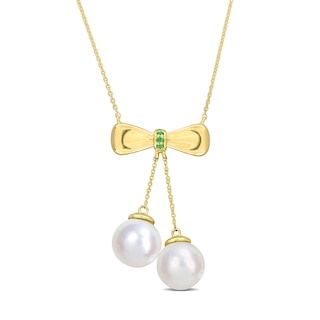 Eternally Bonded 8.5-9.0mm Freshwater Cultured Pearl and Emerald Bow Necklace in 10K Gold