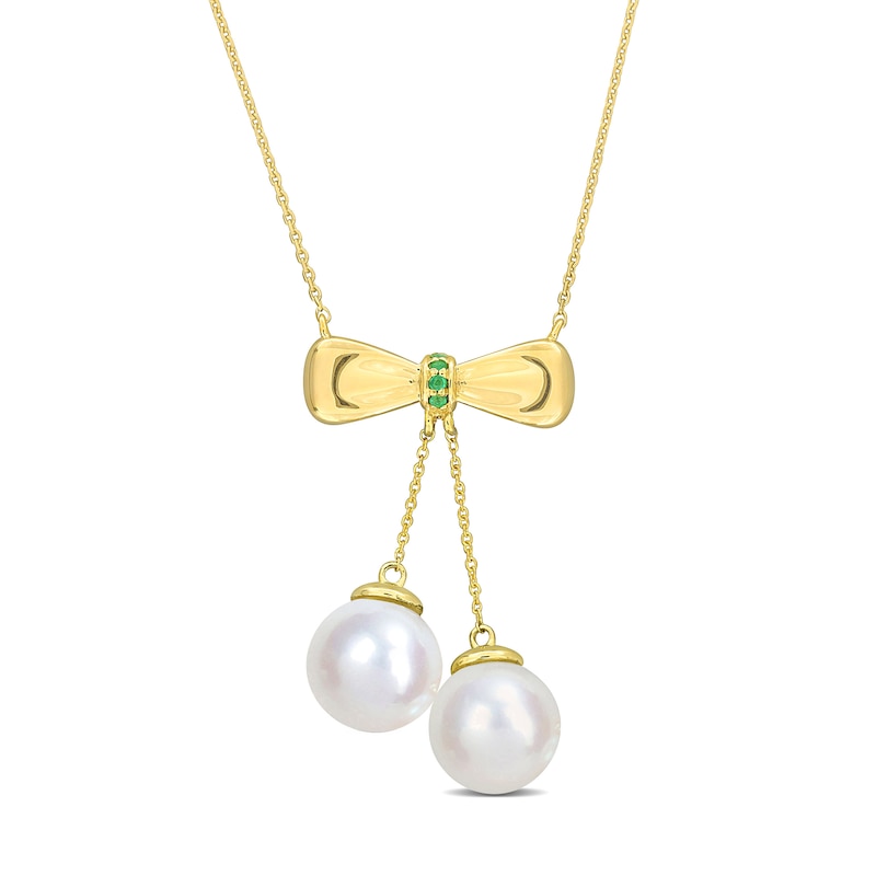 Eternally Bonded 8.5-9.0mm Freshwater Cultured Pearl and Emerald Bow Necklace in 10K Gold|Peoples Jewellers