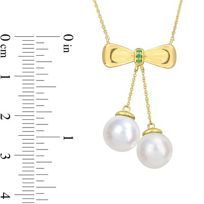 Eternally Bonded 8.5-9.0mm Freshwater Cultured Pearl and Emerald Bow Necklace in 10K Gold