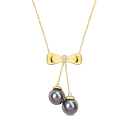 Eternally Bonded 8.5-9.0mm Black Tahitian Cultured Pearl and Diamond Accent Bow Necklace in 10K Gold
