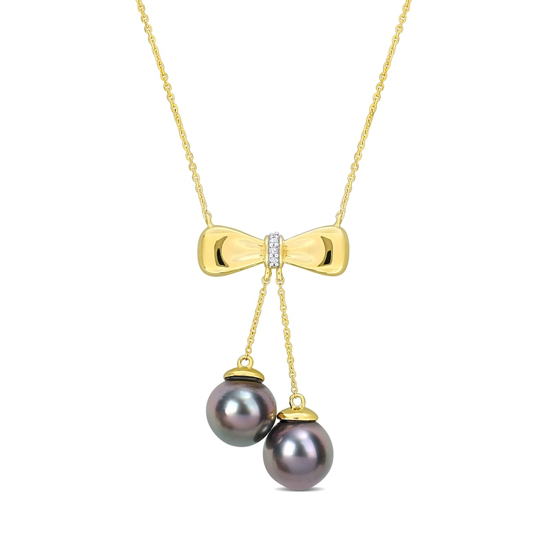 Eternally Bonded 8.5-9.0mm Black Tahitian Cultured Pearl and Diamond Accent Bow Necklace in 10K Gold|Peoples Jewellers