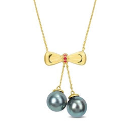 Eternally Bonded 8.5-9.0mm Black Tahitian Cultured Pearl and Ruby Bow Necklace in 10K Gold