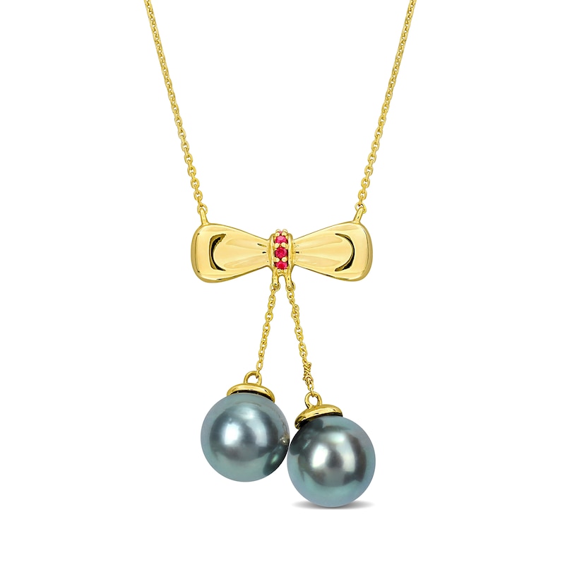 Eternally Bonded 8.5-9.0mm Black Tahitian Cultured Pearl and Ruby Bow Necklace in 10K Gold|Peoples Jewellers