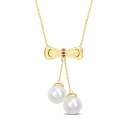 Eternally Bonded 8.5-9.0mm Freshwater Cultured Pearl and Ruby Bow Necklace in 10K Gold