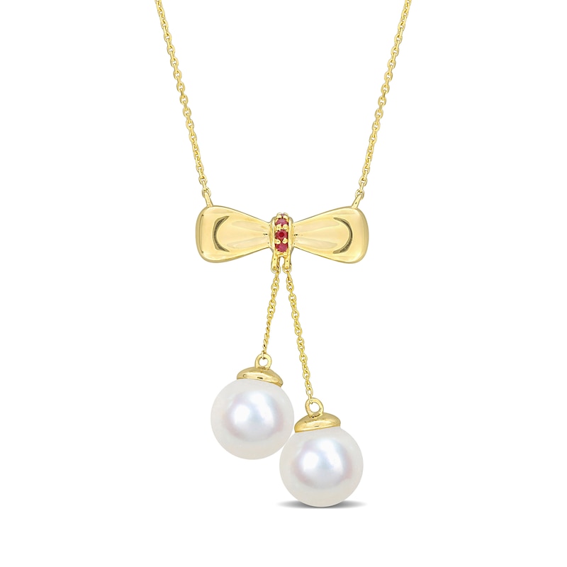 Eternally Bonded 8.5-9.0mm Freshwater Cultured Pearl and Ruby Bow Necklace in 10K Gold|Peoples Jewellers