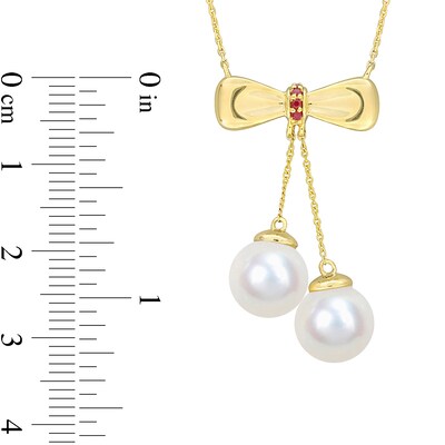 Eternally Bonded 8.5-9.0mm Freshwater Cultured Pearl and Ruby Bow Necklace in 10K Gold