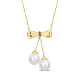Eternally Bonded 8.5-9.0mm Freshwater Cultured Pearl and Blue Sapphire Bow Necklace in 10K Gold