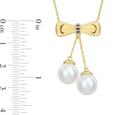 Eternally Bonded 8.5-9.0mm Freshwater Cultured Pearl and Blue Sapphire Bow Necklace in 10K Gold