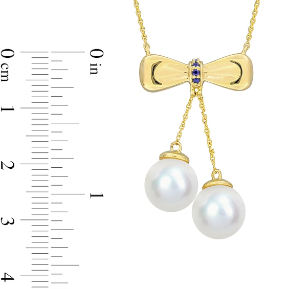 Eternally Bonded 8.5-9.0mm Freshwater Cultured Pearl and Blue Sapphire Bow Necklace in 10K Gold