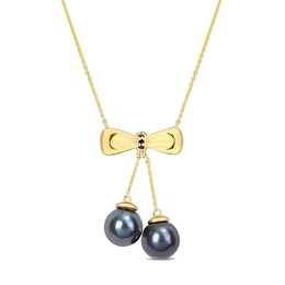 Eternally Bonded 8.5-9.0mm Black Tahitian Cultured Pearl and Blue Sapphire Bow Necklace in 10K Gold