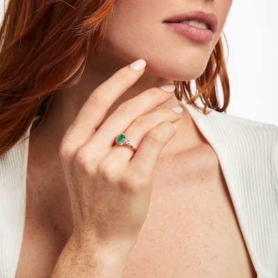 Le Vian® Emerald-Cut Costa Smeralda Emerald™ and 0.20 CT. T.W. Diamond Leaves Ring in 14K Honey Gold™