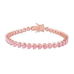 5.0mm Heart-Shaped Pink Lab-Created Sapphire Sideways Line Bracelet in Sterling Silver with Rose Gold Flash Plate - 7.5&quot;