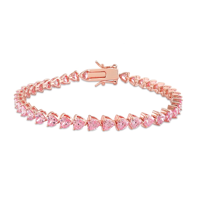 5.0mm Heart-Shaped Pink Lab-Created Sapphire Sideways Line Bracelet in Sterling Silver with Rose Gold Flash Plate - 7.5"
